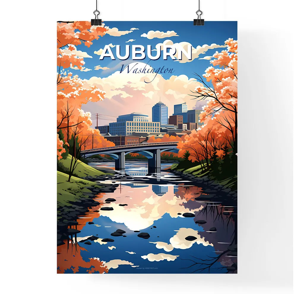 Auburn, Washington, A Poster of a bridge over a river with orange trees and buildings Default Title