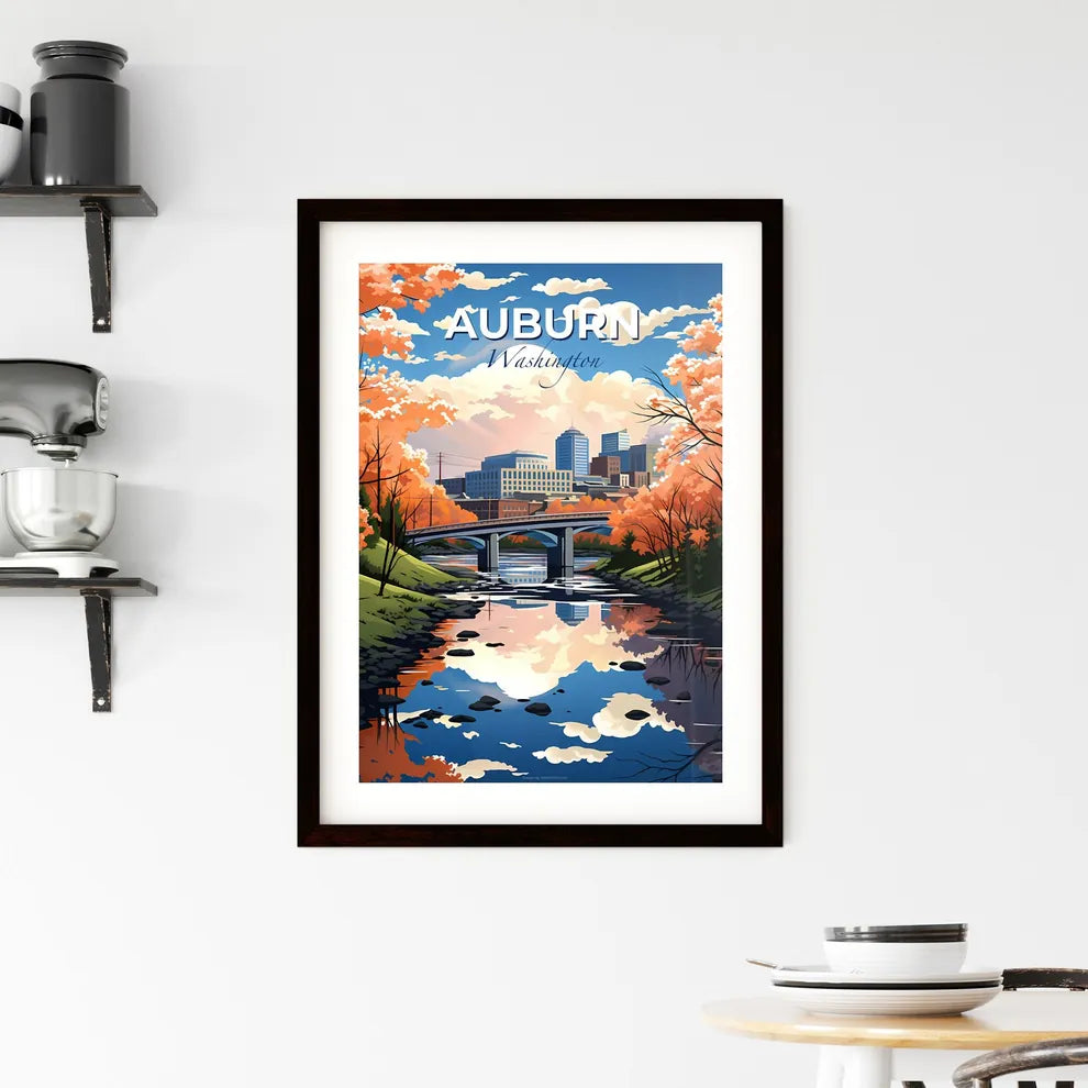 Auburn, Washington, A Poster of a bridge over a river with orange trees and buildings Default Title