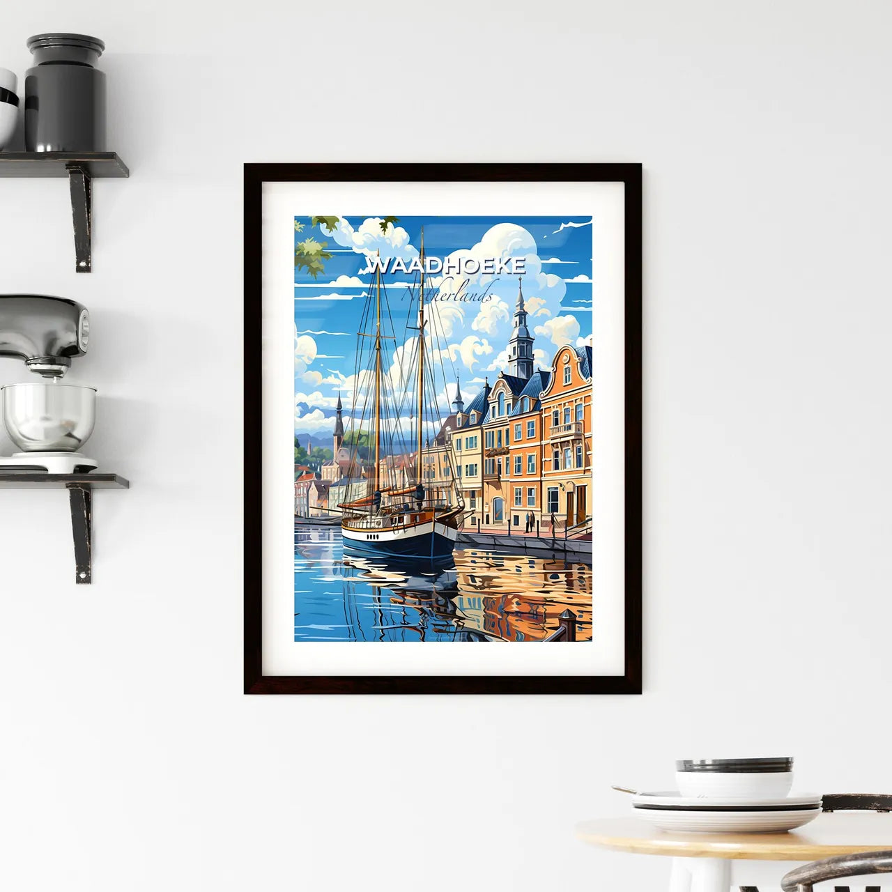 Waadhoeke, Netherlands, A Poster of a sailboat on a river with buildings in the background Default Title