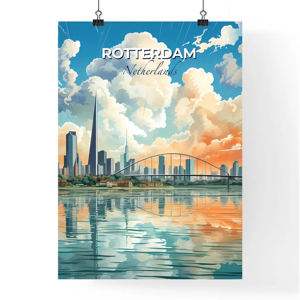 Rotterdam, Netherlands, A Poster of a city skyline with a bridge over water Default Title
