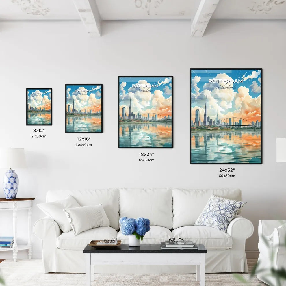 Rotterdam, Netherlands, A Poster of a city skyline with a bridge over water Default Title