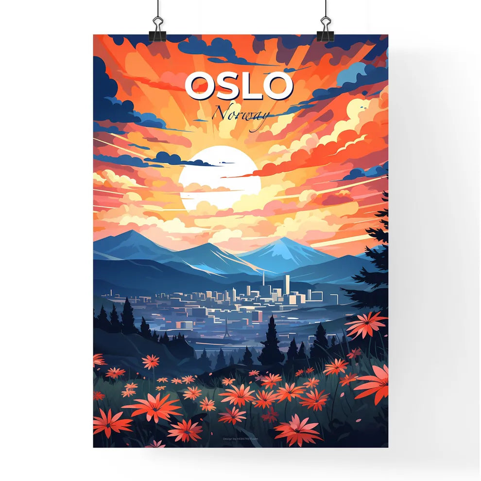 Oslo, Norway, A Poster of a landscape with flowers and mountains Default Title