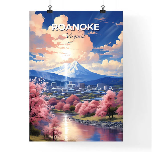 Roanoke, Virginia, A Poster of a river with pink trees and a mountain in the background Default Title