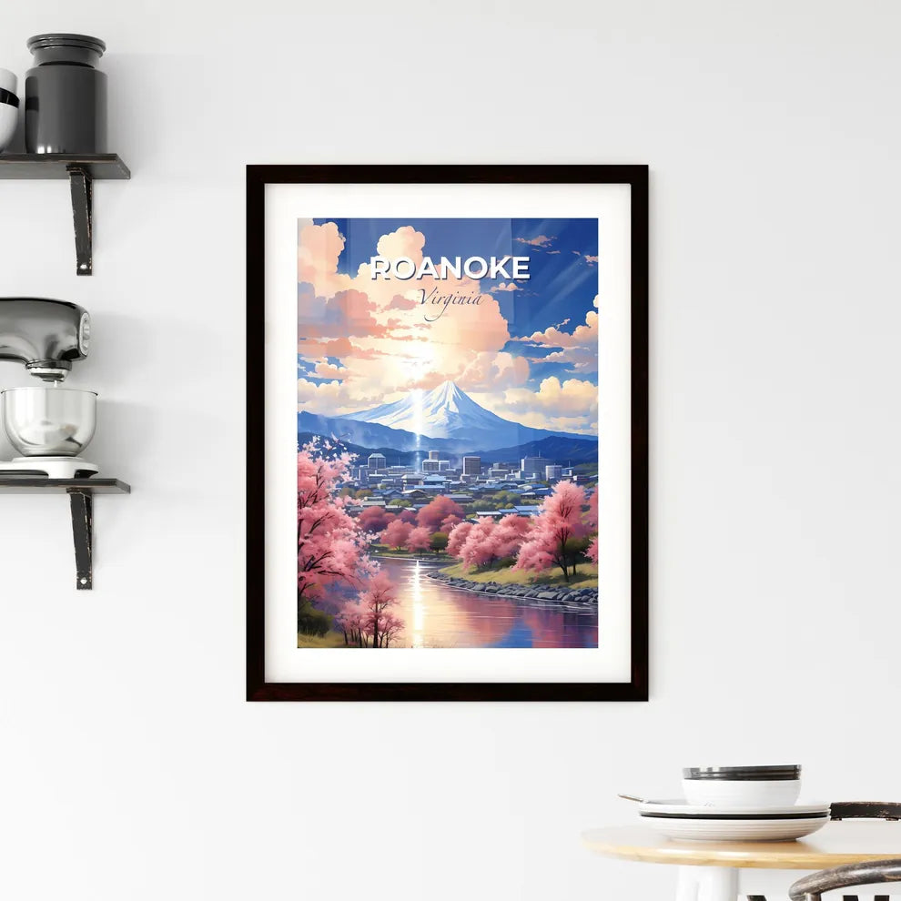 Roanoke, Virginia, A Poster of a river with pink trees and a mountain in the background Default Title