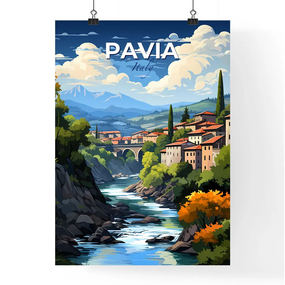Pavia, Italy, A Poster of a river running through a valley with buildings and trees Default Title