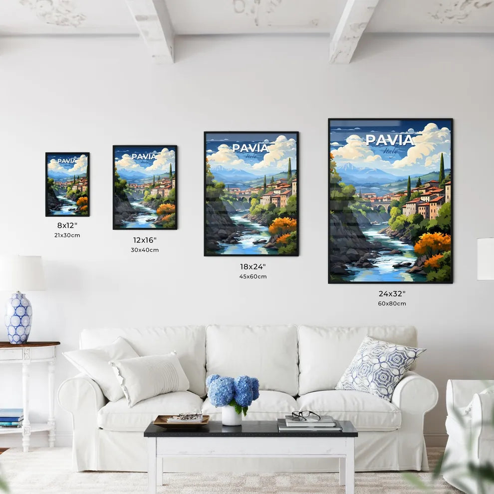 Pavia, Italy, A Poster of a river running through a valley with buildings and trees Default Title