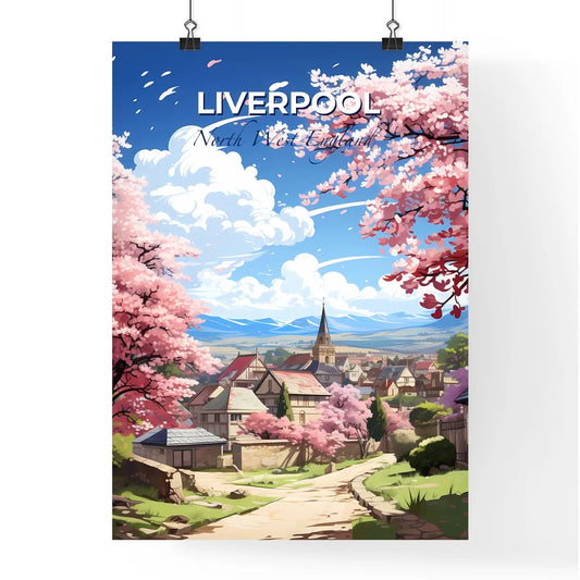 Liverpool, North West England, A Poster of a landscape of a town with pink trees and buildings Default Title