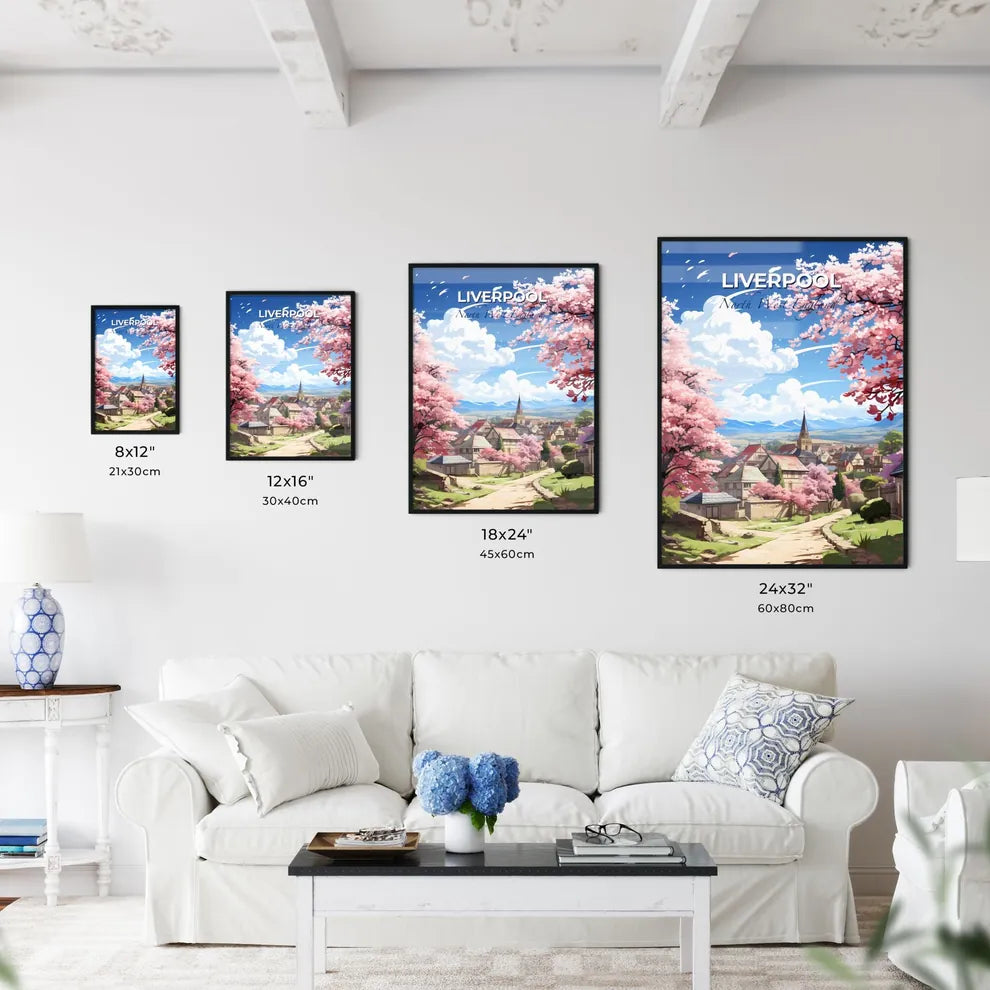 Liverpool, North West England, A Poster of a landscape of a town with pink trees and buildings Default Title