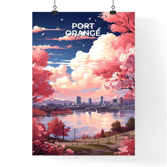 Port Orange, Florida, A Poster of a pink trees with pink flowers and a city in the background Default Title