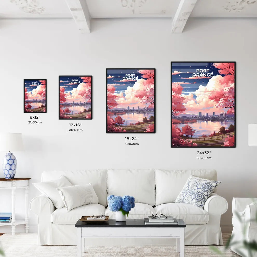 Port Orange, Florida, A Poster of a pink trees with pink flowers and a city in the background Default Title