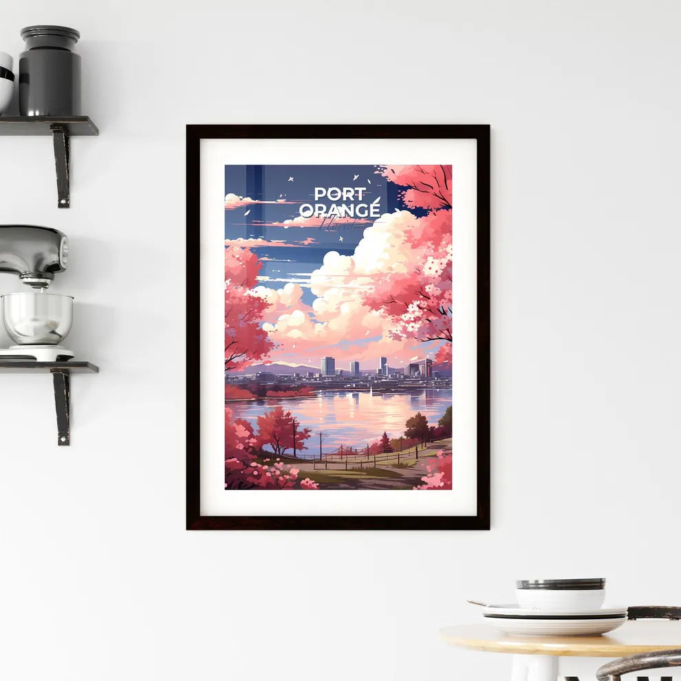Port Orange, Florida, A Poster of a pink trees with pink flowers and a city in the background Default Title