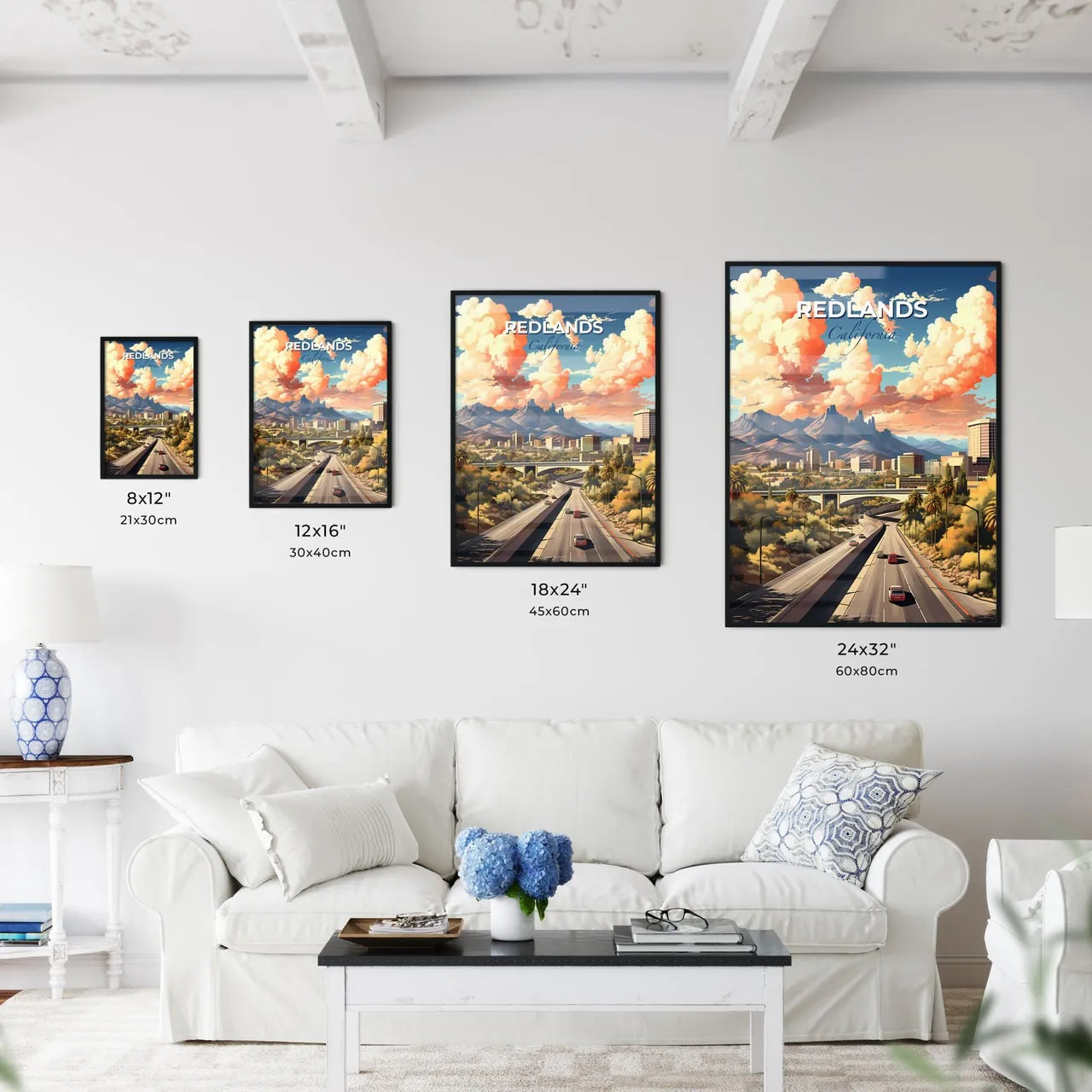 Redlands, California, A Poster of a road with cars and trees and mountains in the background Default Title