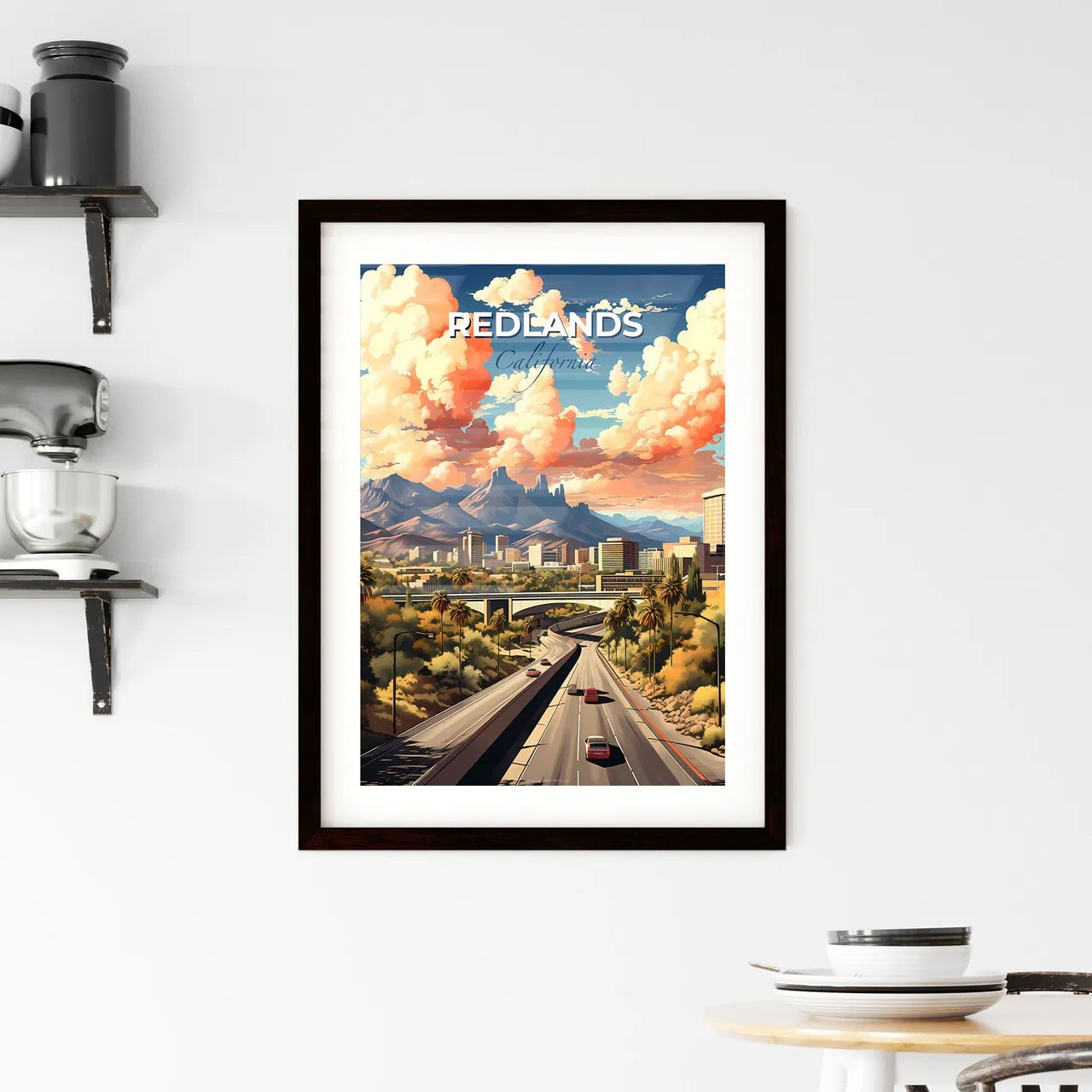 Redlands, California, A Poster of a road with cars and trees and mountains in the background Default Title