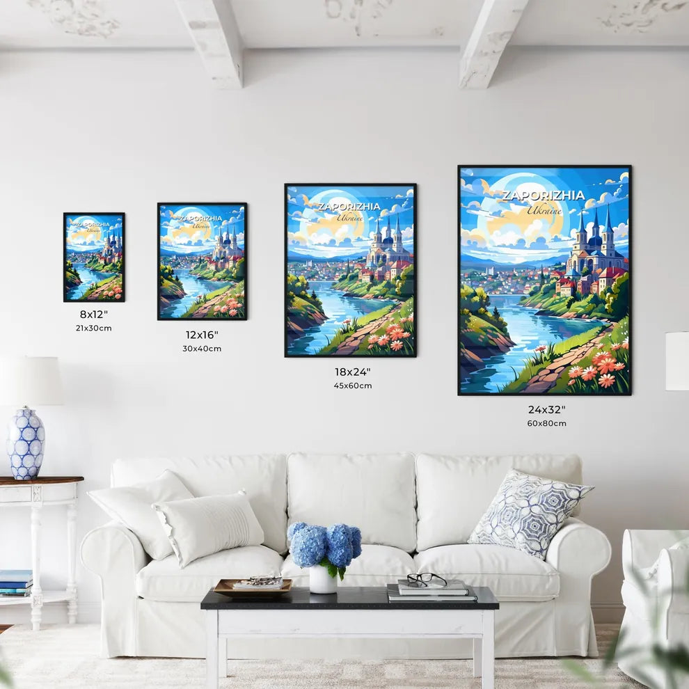 Zaporizhia, Ukraine, A Poster of a river with a castle and flowers Default Title