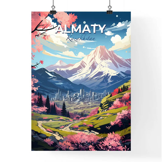Almaty, Kazakhstan, A Poster of a landscape with a city and mountains Default Title