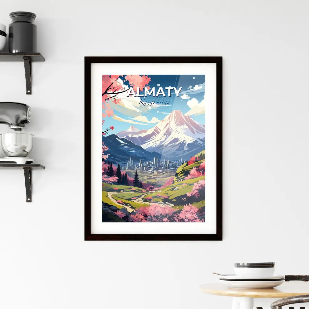 Almaty, Kazakhstan, A Poster of a landscape with a city and mountains Default Title