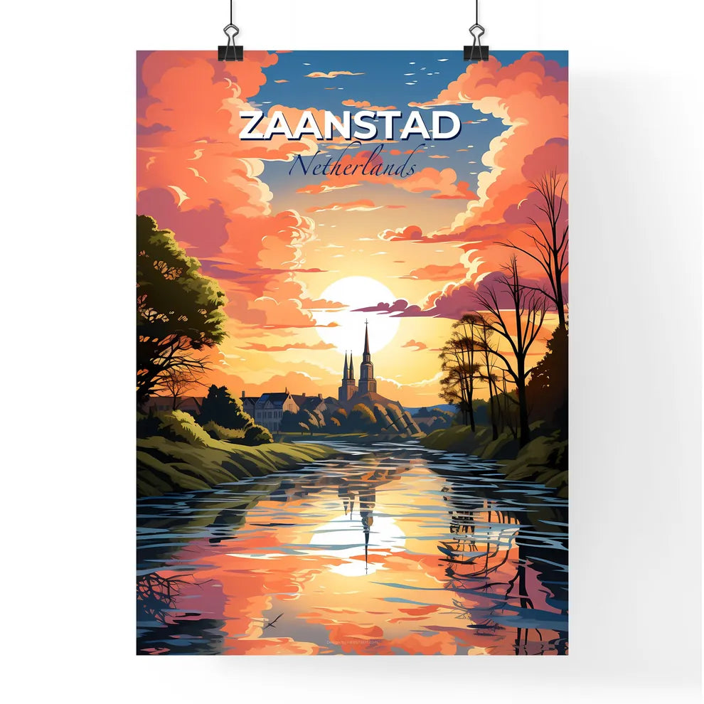 Zaanstad, Netherlands, A Poster of a river with trees and a church in the background Default Title