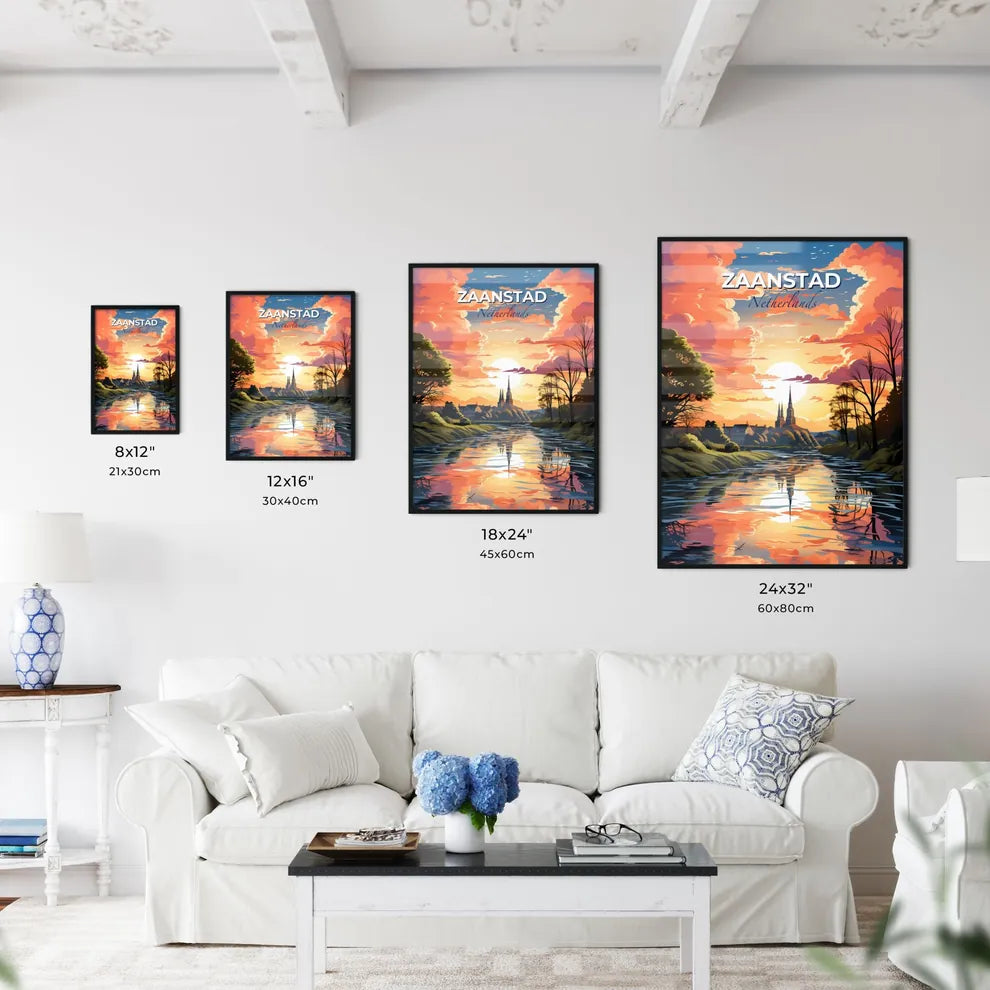 Zaanstad, Netherlands, A Poster of a river with trees and a church in the background Default Title
