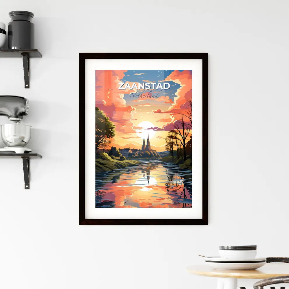 Zaanstad, Netherlands, A Poster of a river with trees and a church in the background Default Title