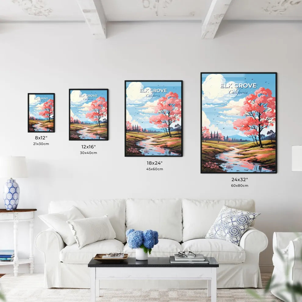 Elk Grove, California, A Poster of a river running through a field with pink trees Default Title
