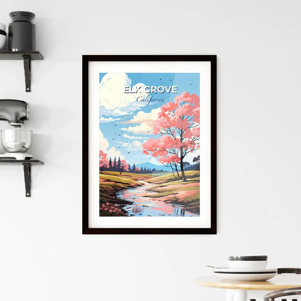 Elk Grove, California, A Poster of a river running through a field with pink trees Default Title