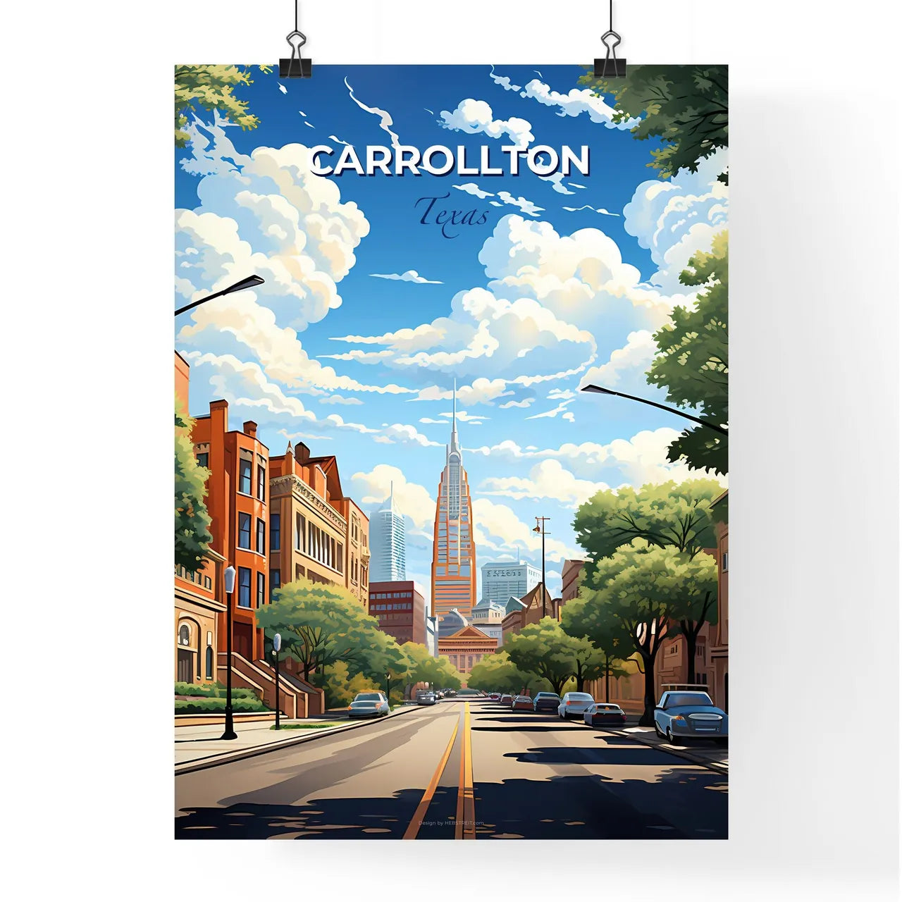 Carrollton, Texas, A Poster of a street with cars and trees in front of buildings Default Title