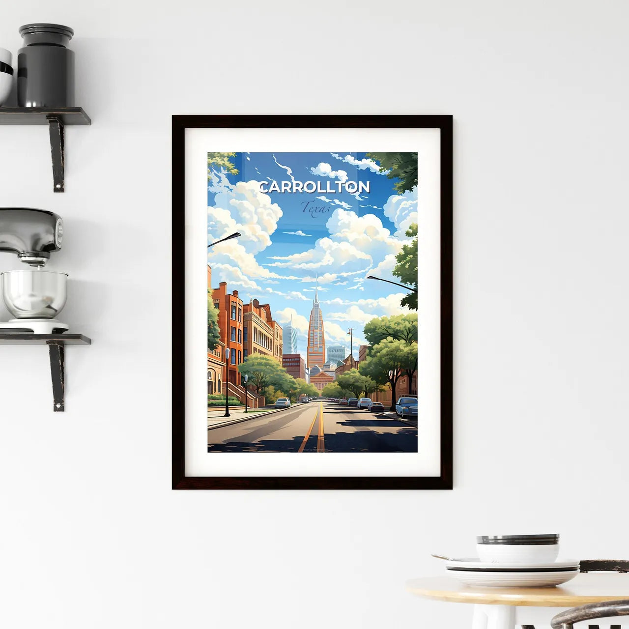 Carrollton, Texas, A Poster of a street with cars and trees in front of buildings Default Title