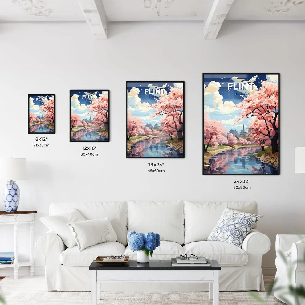 Flint, Michigan, A Poster of a river with pink trees and buildings in the background Default Title