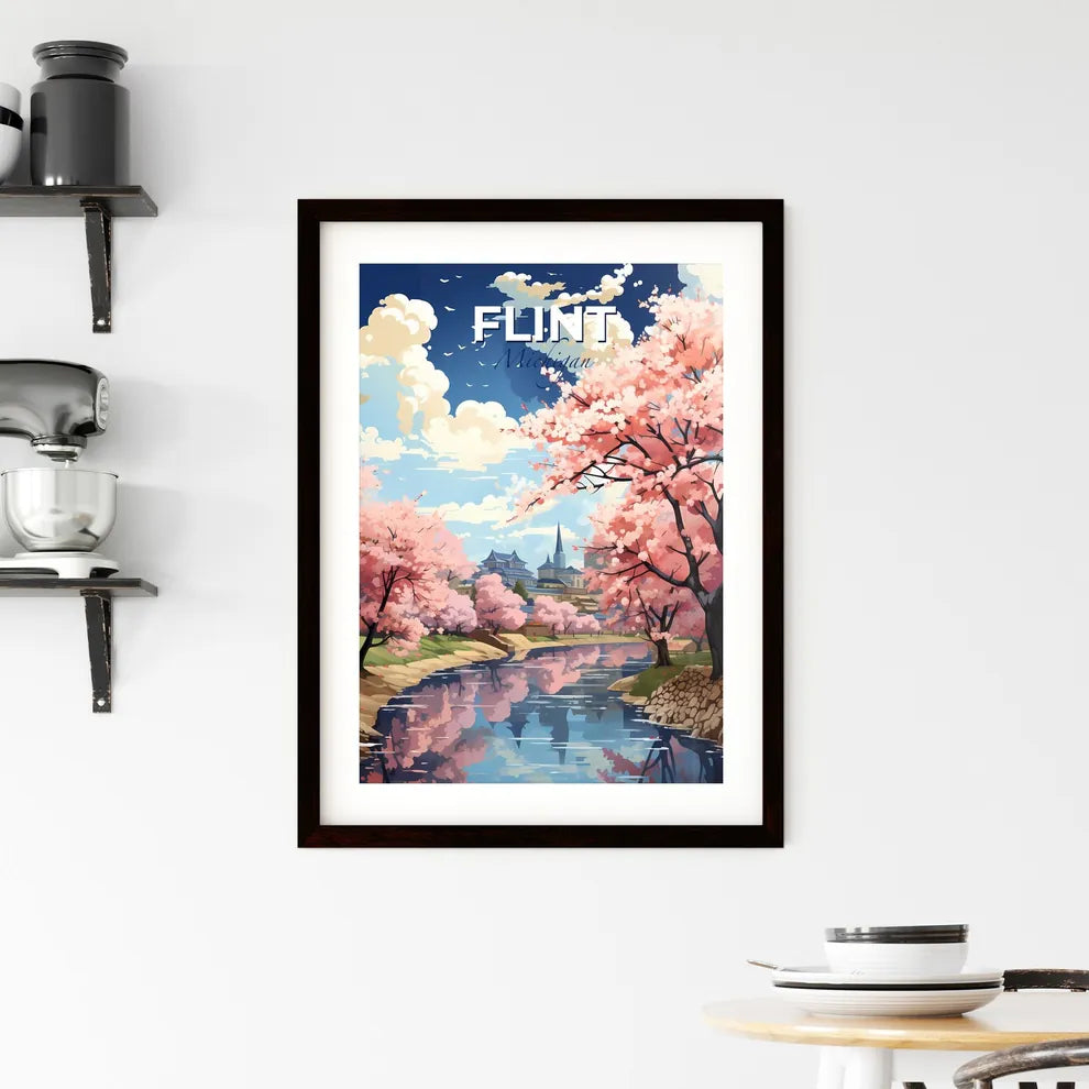 Flint, Michigan, A Poster of a river with pink trees and buildings in the background Default Title