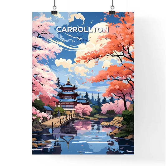Carrollton, Texas, A Poster of a painting of a pagoda and a river with pink trees Default Title