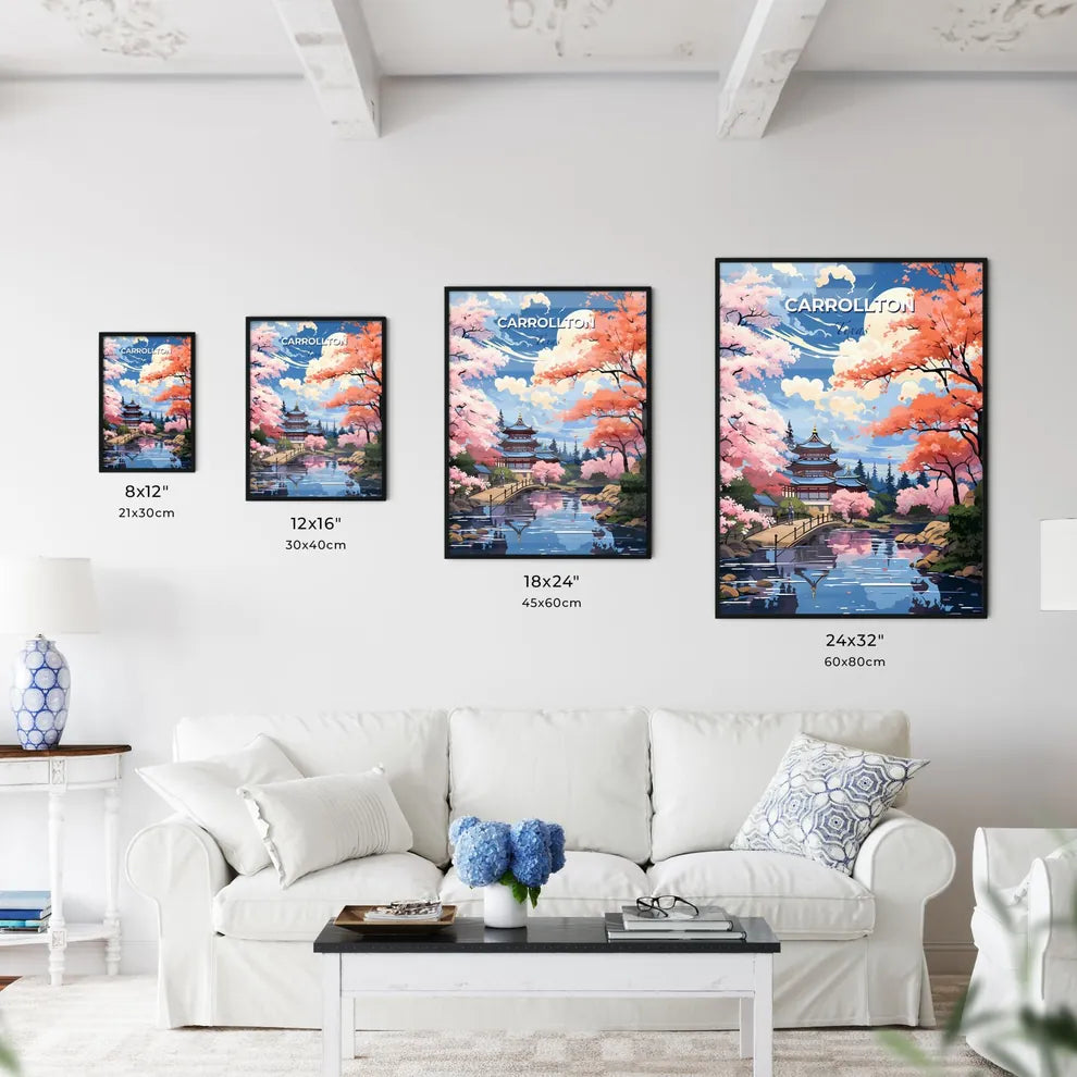 Carrollton, Texas, A Poster of a painting of a pagoda and a river with pink trees Default Title