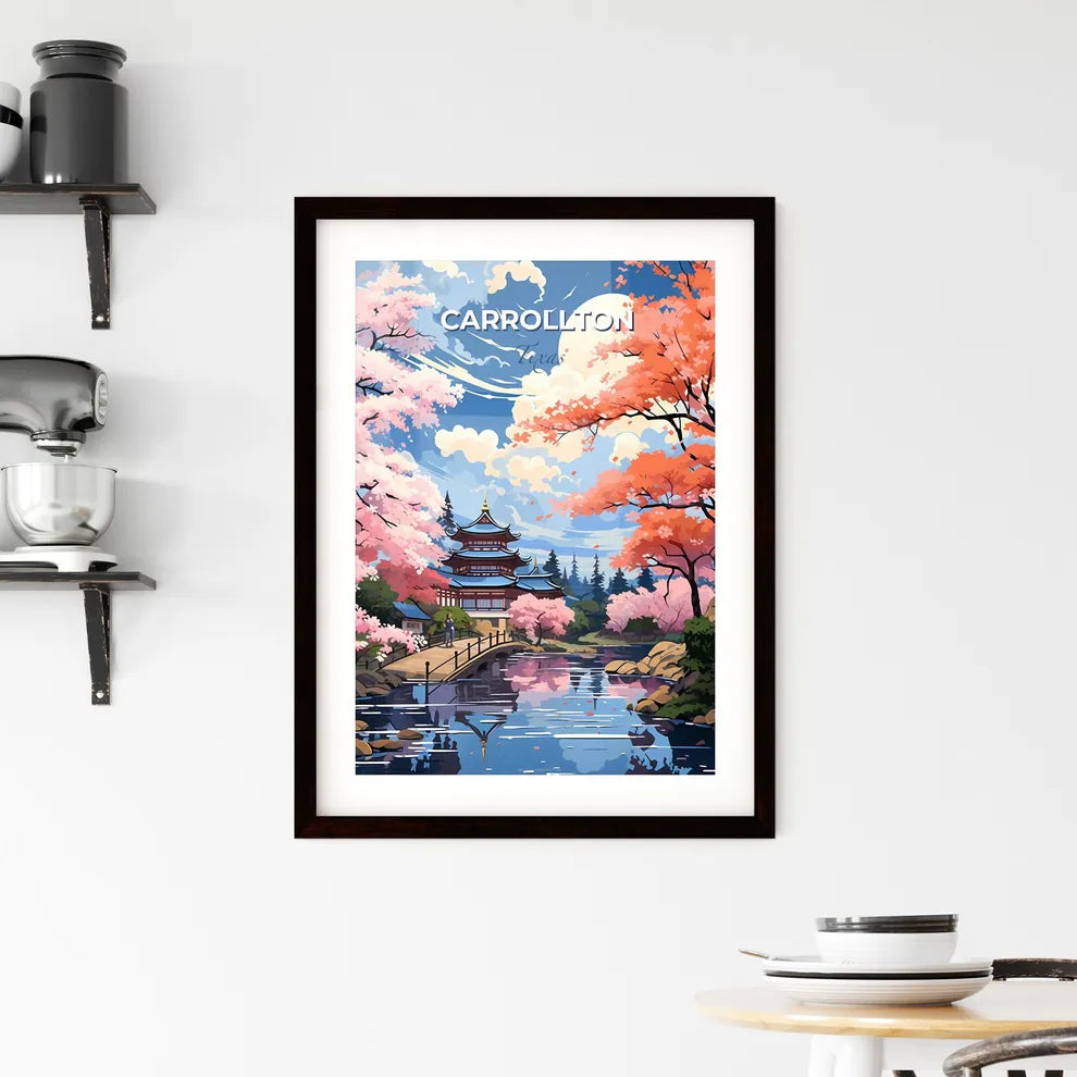 Carrollton, Texas, A Poster of a painting of a pagoda and a river with pink trees Default Title