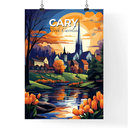Cary, North Carolina, A Poster of a painting of a town with a river and trees and a church Default Title