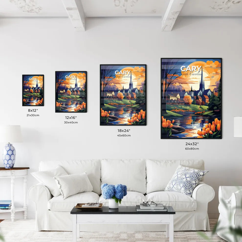 Cary, North Carolina, A Poster of a painting of a town with a river and trees and a church Default Title