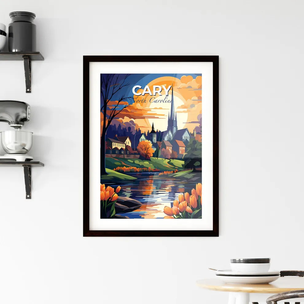 Cary, North Carolina, A Poster of a painting of a town with a river and trees and a church Default Title