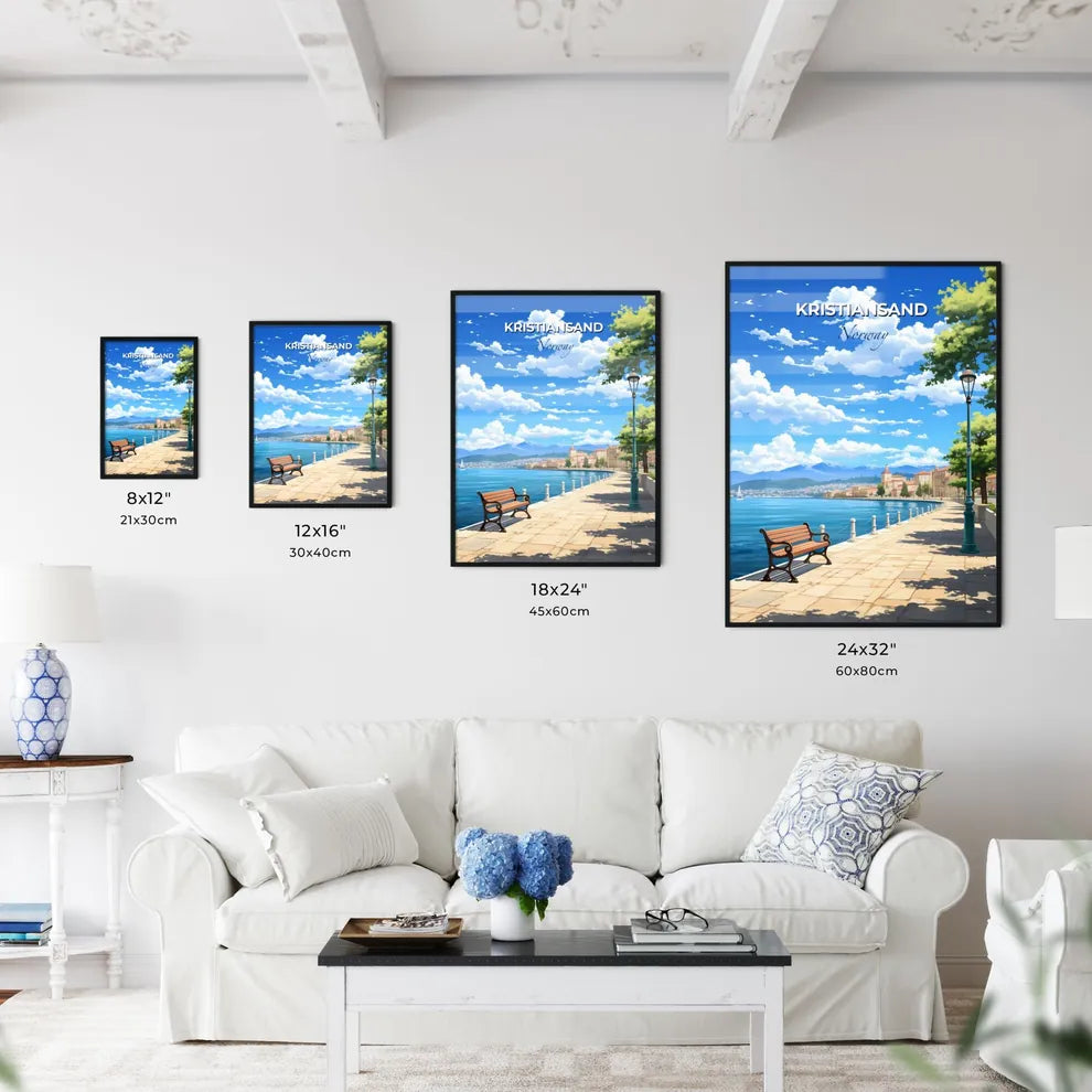 Kristiansand, Norway, A Poster of a bench on a sidewalk next to a body of water Default Title