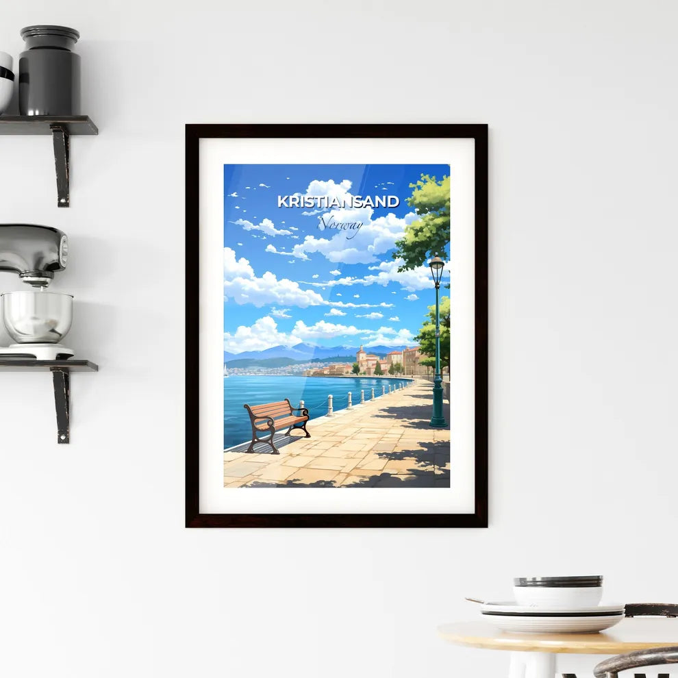 Kristiansand, Norway, A Poster of a bench on a sidewalk next to a body of water Default Title