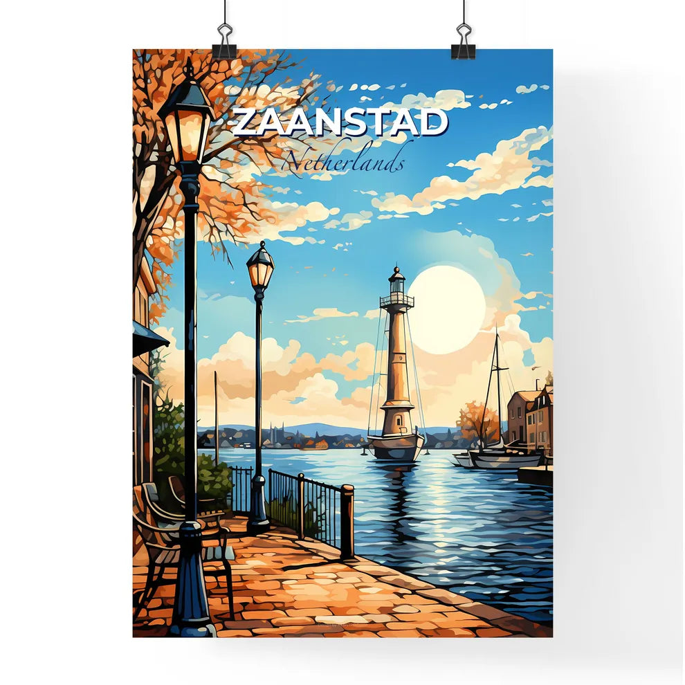 Zaanstad, Netherlands, A Poster of a painting of a lighthouse and a boat on the water Default Title