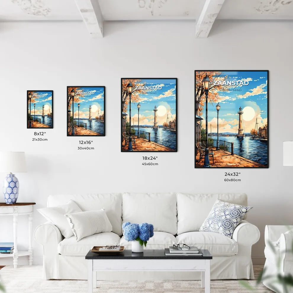 Zaanstad, Netherlands, A Poster of a painting of a lighthouse and a boat on the water Default Title