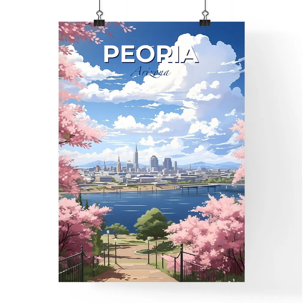 Peoria, Arizona, A Poster of a cityscape with pink blossoms and a body of water Default Title