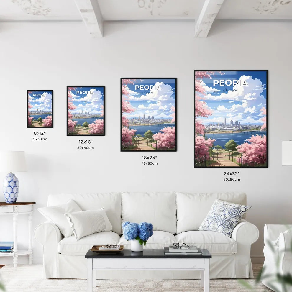 Peoria, Arizona, A Poster of a cityscape with pink blossoms and a body of water Default Title