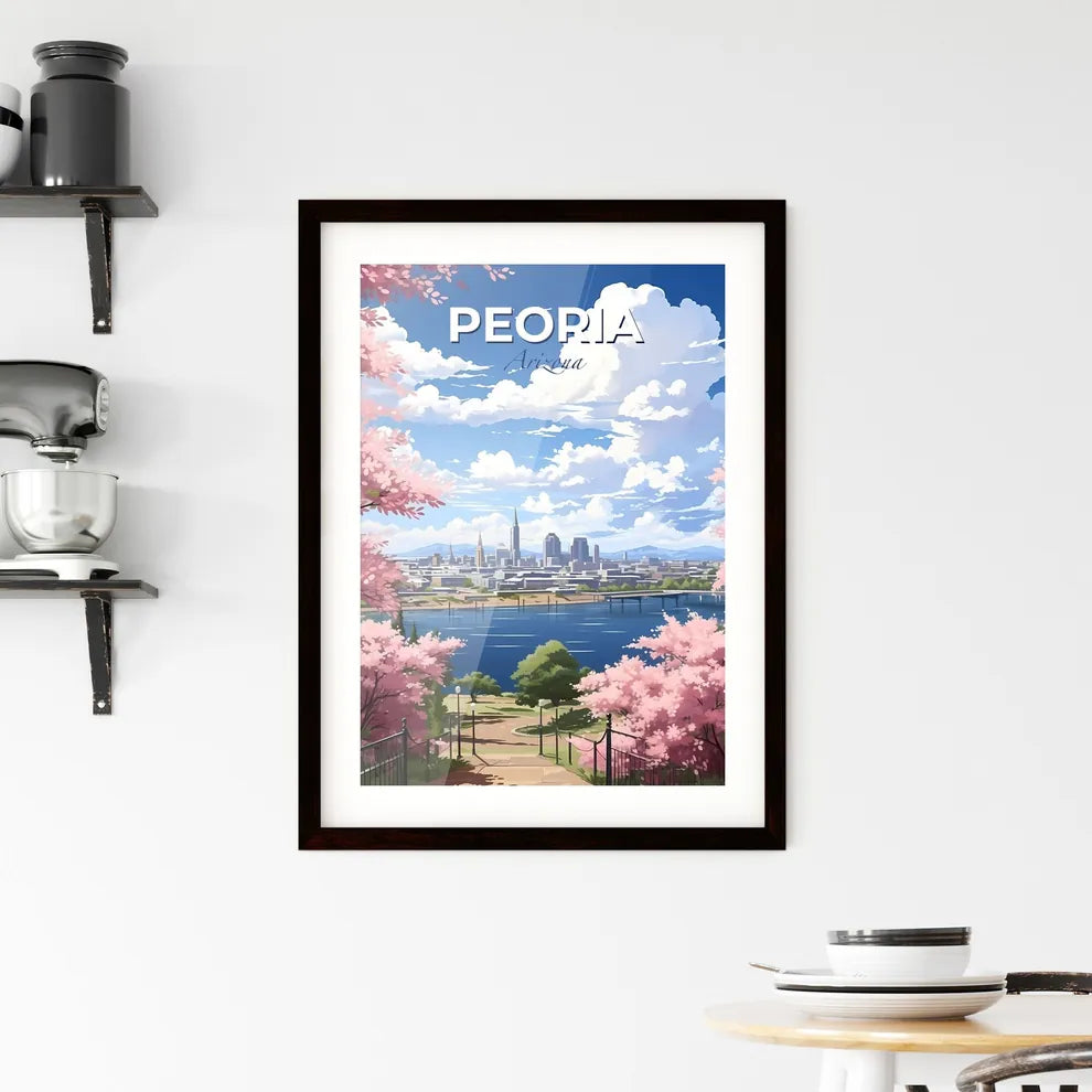 Peoria, Arizona, A Poster of a cityscape with pink blossoms and a body of water Default Title