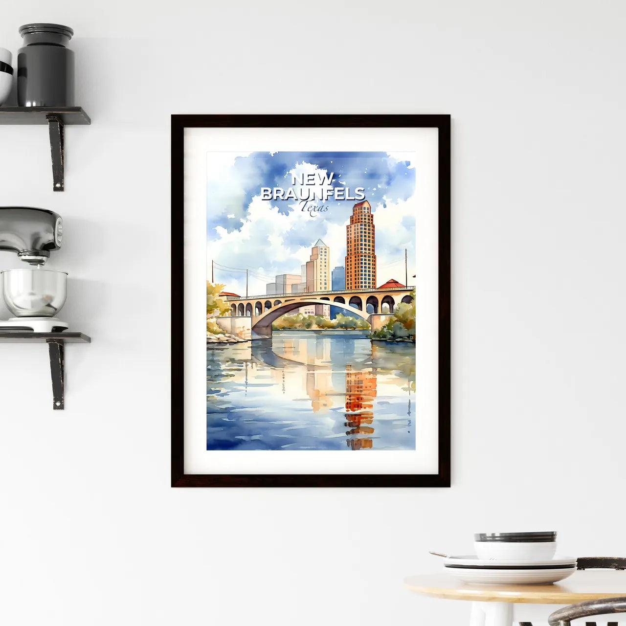 New Braunfels, Texas, A Poster of watercolor of a bridge over a river with buildings and trees Default Title