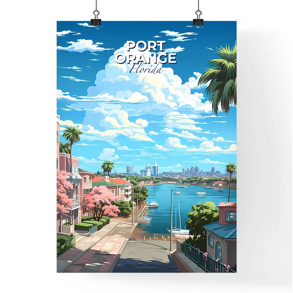 Port Orange, Florida, A Poster of a water way with trees and buildings and boats Default Title