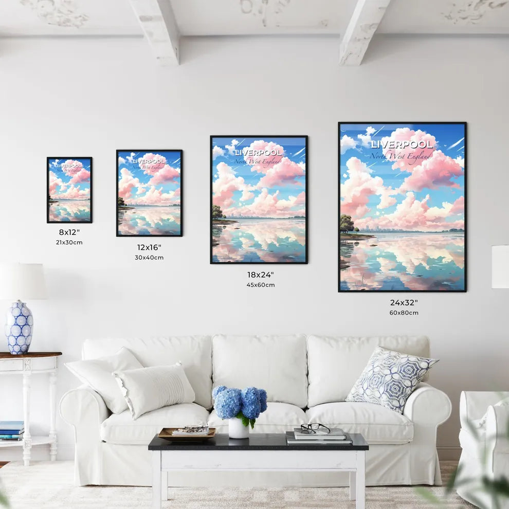 Liverpool, North West England, A Poster of a body of water with pink clouds and trees Default Title