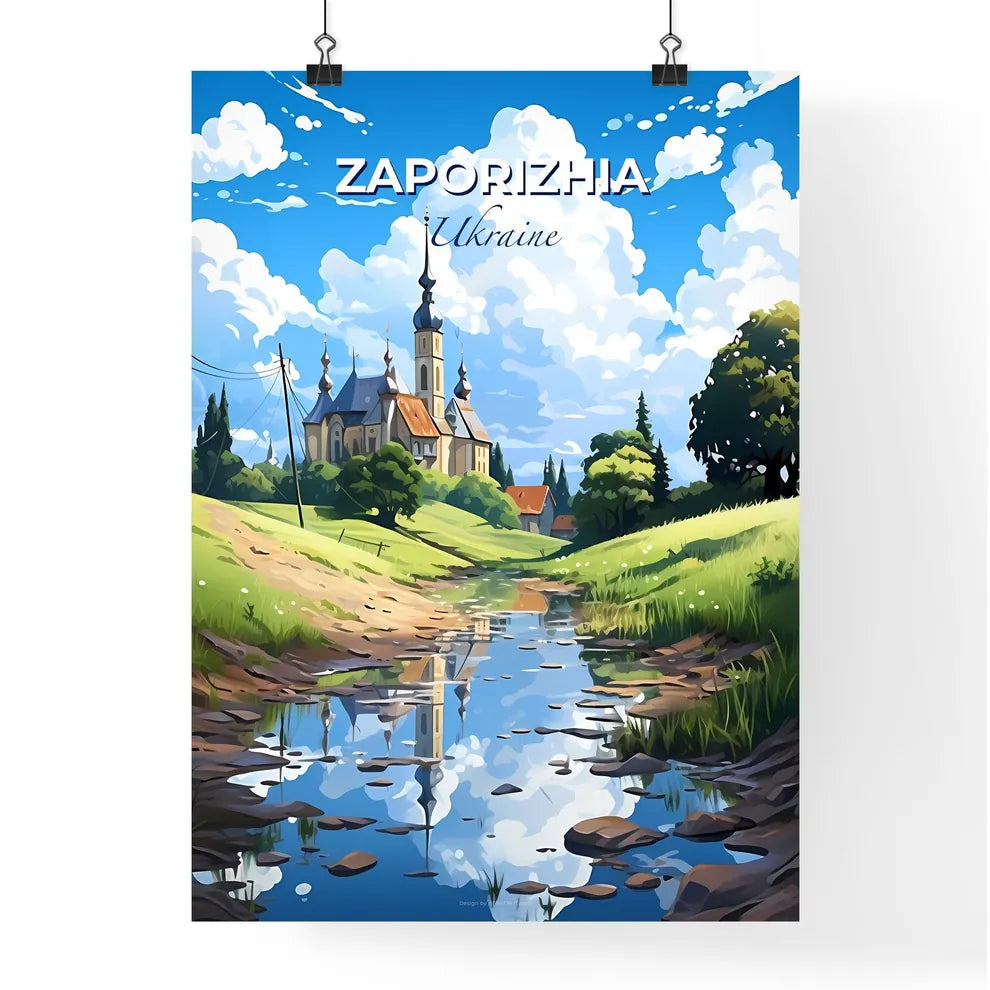 Zaporizhia, Ukraine, A Poster of a river running through a grassy area with a building in the background Default Title