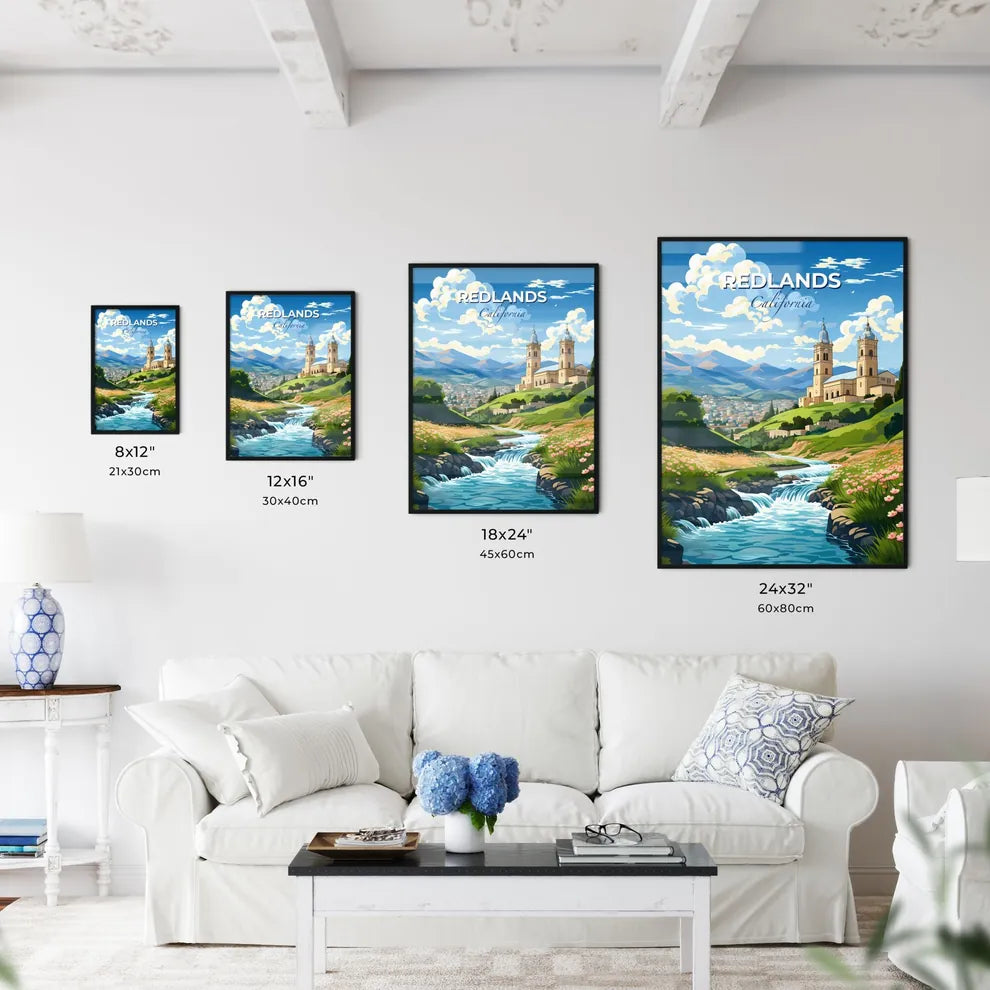 Redlands, California, A Poster of a river running through a valley with a building and flowers Default Title