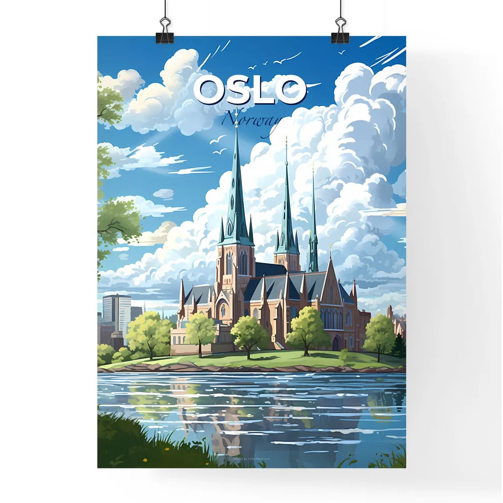 Oslo, Norway, A Poster of a large building with towers and trees on the side of a lake Default Title
