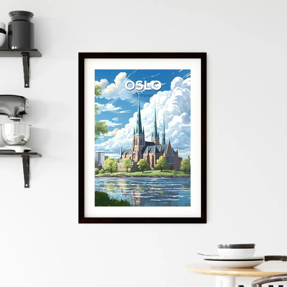 Oslo, Norway, A Poster of a large building with towers and trees on the side of a lake Default Title