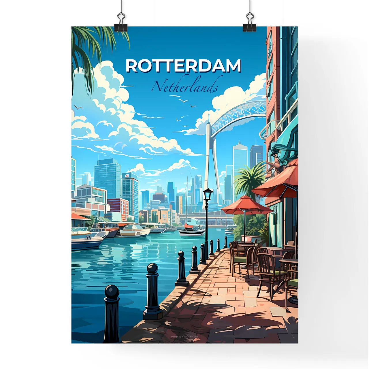Rotterdam, Netherlands, A Poster of a city waterfront with a bridge and boats Default Title